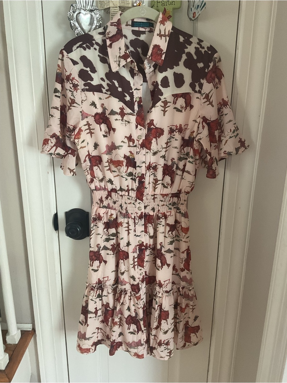 Women's Western Cream Shirt Dress with Brown & Rust Horse Print